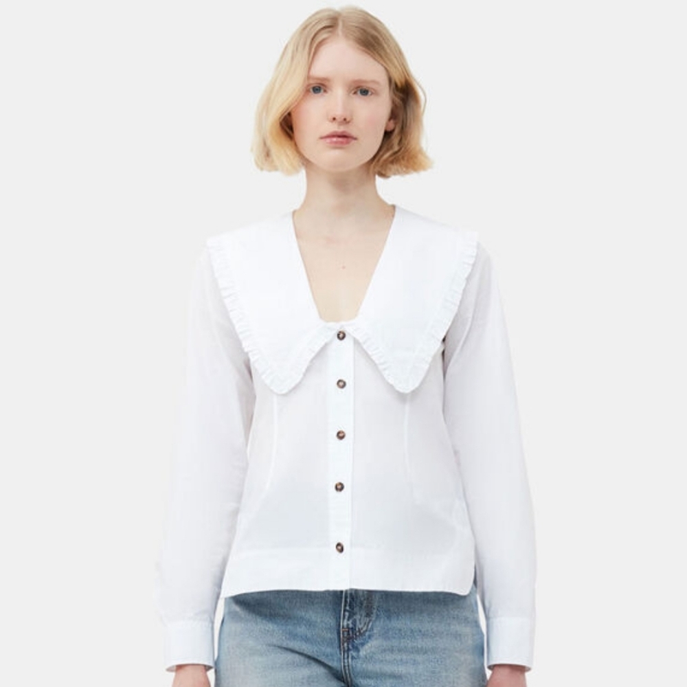 GANNI White Ruffle Trimmed Colar Cotton Poplin Shirt size 34